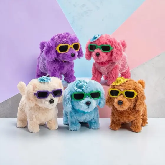 cachorro cachorrinho com óculos e chapéu que late anda de pelúcia para criança