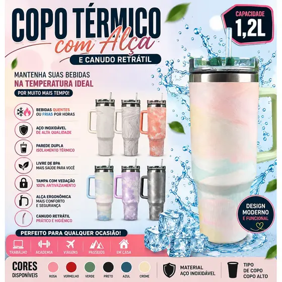 🥤✨ COPO TÉRMICO 1,2L COM ALÇA E CANUDO RETRÁTIL ✨🥤