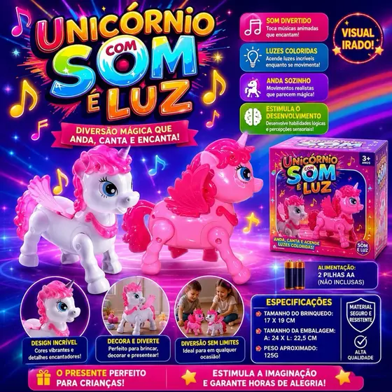 🦄✨ Unicórnio com Som e Luz – Diversão Mágica que Anda, Canta e Encanta! ✨🦄