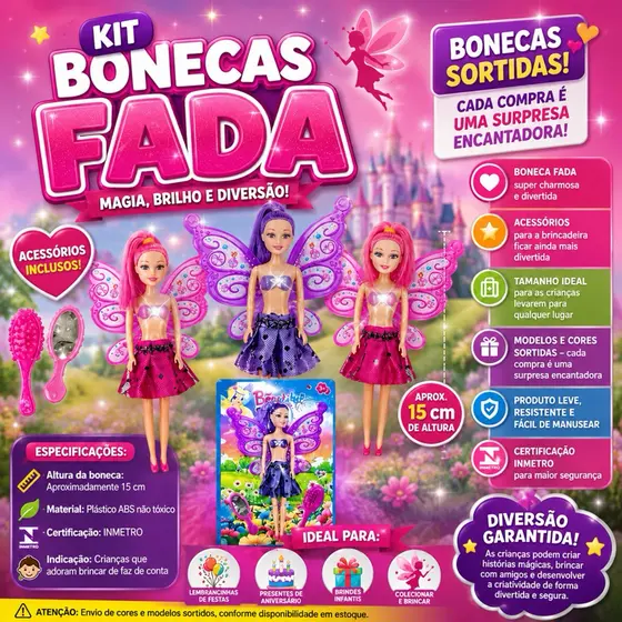 🧚‍♀️kit Boneca Fada Infantil 15cm com Acessórios – Cores Sortidas | Certificada INMETRO 🧚‍♀️
