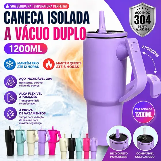 🔥 COPO TÉRMICO 1,2L COM ALÇA E TAMPA BICO RETRÁTIL 🔥