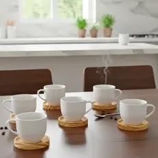 Kit 6 Xícaras em Porcelana para Café com 6 Pires Redondo em Madeira Pinus Mesa Posta