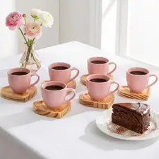 Jogo com 6 Xícaras de Café em Porcelana + 6 Pires Madeira Pinus Formato de Coração Dia dos Namorados