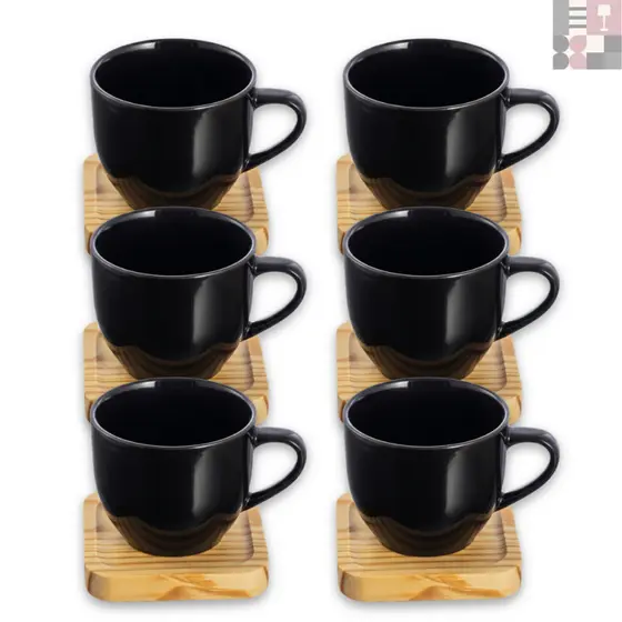 Kit Jogo 6 Xícaras 80ml em Porcelana Café Chá Pires Quadrado em Madeira Pinus Mesa