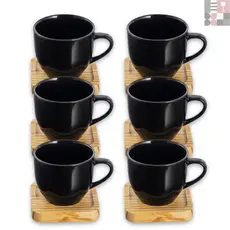 Kit Jogo 6 Xícaras 80ml em Porcelana Café Chá Pires Quadrado em Madeira Pinus Mesa