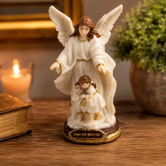 Imagem Anjo Da Guarda 15 Cm Em Resina Premium Decoração Casa Quarto