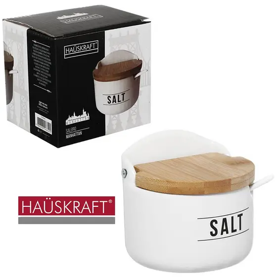 SALEIRO DE PORCELANA COM COLHER + TAMPA DE BAMBU SALT MANHATTAN HAUSKRAFT 290ML