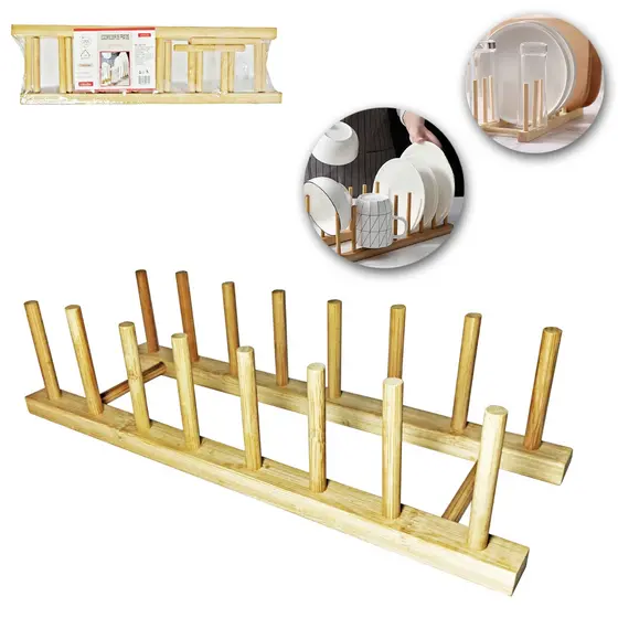 Escorredor De Louça Bambu 7 Divisórias Para Pratos Copos Rústico 34x12x11Cm