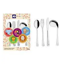 Jogo de Talheres para Crianças 4 peças -  Infantil Baby Friends Aço Inox - Colher Garfo Faca