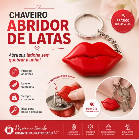Kit Chaveiro Abridor de Lata Boca Vermelha Acessório Lembrancinha Criativo e Prático