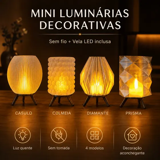 Mini Luminária de Mesa LED Sem Fio Decorativa + Vela LED Inclusa Quarto Sala Escritório