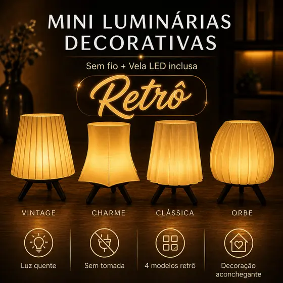 Mini Luminária de Mesa Modelo Retrô LED Sem Fio Decorativa + Vela LED Inclusa Quarto Sala Escritório