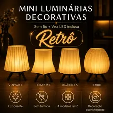 Mini Luminária de Mesa Modelo Retrô LED Sem Fio Decorativa + Vela LED Inclusa Quarto Sala Escritório