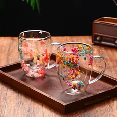 Xícara De Vidro De Parede Dupla Com Flor Seca Caneca
