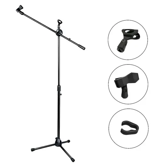 Pedestal de Microfone  Com 2 Cachimbos Tripé Girafa Alumínio