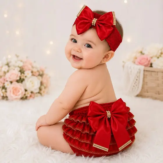 Kit 2 peças Tapa Fralda Bunda Rica Bebê Menina Luxo com Babados Faixa de Cabelo Laço  Diversas Cores.