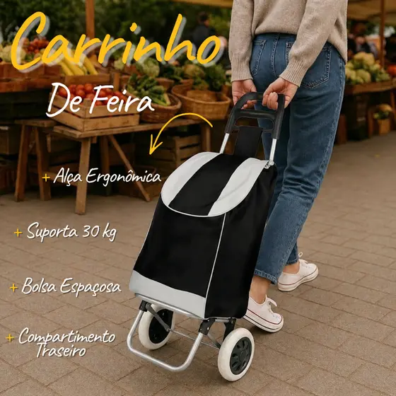 Carrinho para Compras e Mercado Articulado 2 Rodas 30kg Reforçado com Alça Anatômica