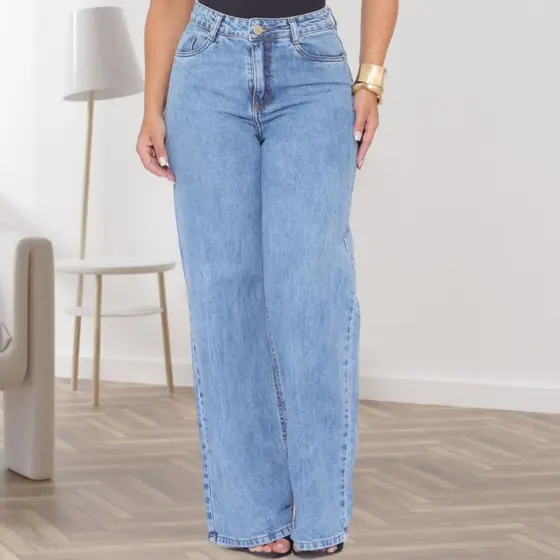 Calça Wide Leg Jeans Feminina Pantalona Cintura Alta Marmorizada Moda Gringa tecido grosso premium