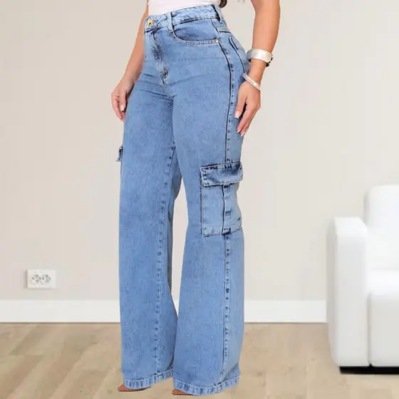 Calça Cargo Wide Leg Jeans Feminina Cintura Alta Marmorizada Moda Gringa Tecido Grosso Premium