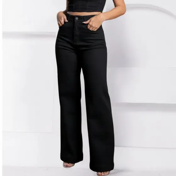 Calça Wide Leg Preta Jeans Feminina Pantalona Cintura Alta Moda Gringa Premium 100% Algodão