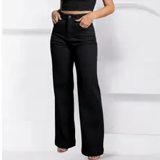 Calça Wide Leg Preta Jeans Feminina Pantalona Cintura Alta Moda Gringa Premium 100% Algodão
