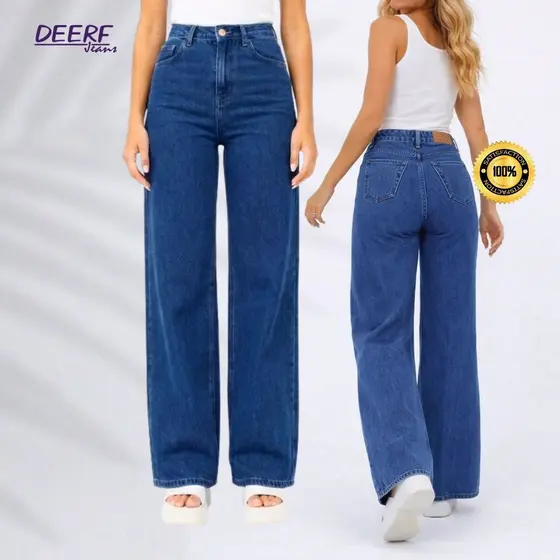 Calça Jeans Wide Leg Feminina Cintura Alta 100% Algodão Tecido Grosso