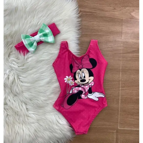 Maiô de Menina Body Personagem Infantil Bebê Biquini Criança Tiara