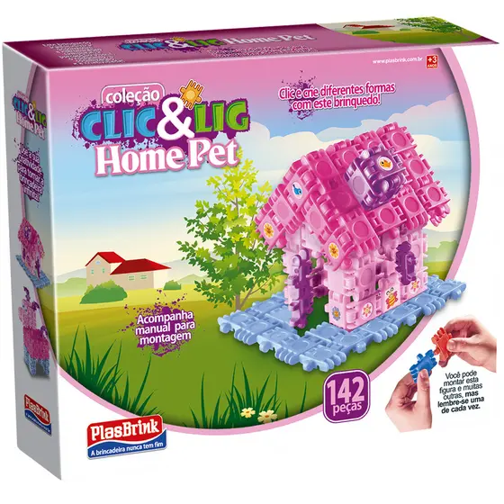 Brinquedo Interativo Clic & Lig Home Pet Casa Casinha Cachorro Rosa Montar 142 Peças Plasbrink