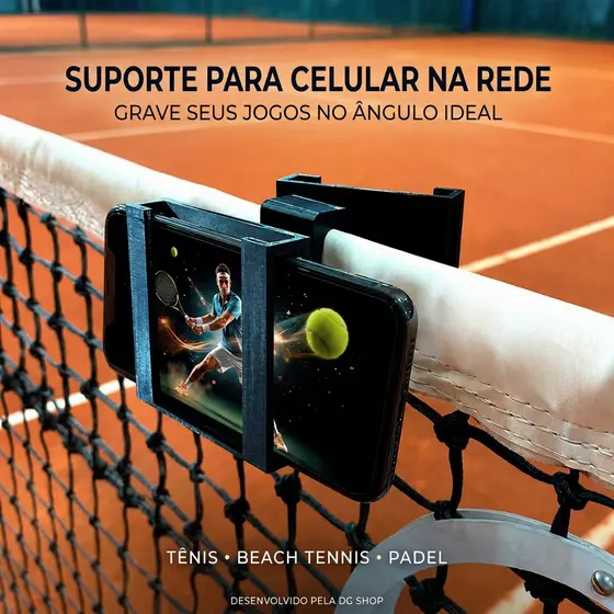 Suporte Celular para Rede Tênis Beach Tennis Padel Gravar Jogos Partidas Ângulo Ajustável Portátil Quadra - DG SHOP