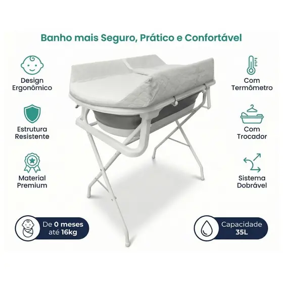 Banheira para Bebe com Trocador Suporte Dobrável e Termometro