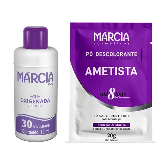Kit Descolorante Márcia 30 Vol 70ml + Pó Ametista 20g Clareia 8 Tons Profissional Proteção e Maciez
