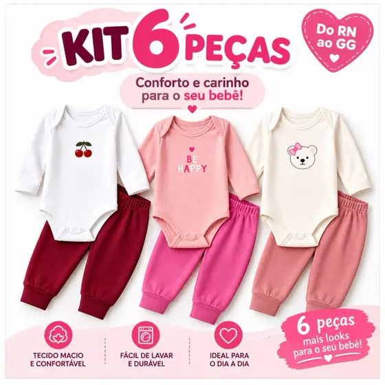 Kit Minimalista 6 Peças Roupa Bebê Body Menina Manga Longa e Calça RN ao GG