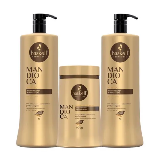 Kit Shampoo e Condicionador e Máscara Hidratação e Fortalecimento Haskell Mandioca 1L