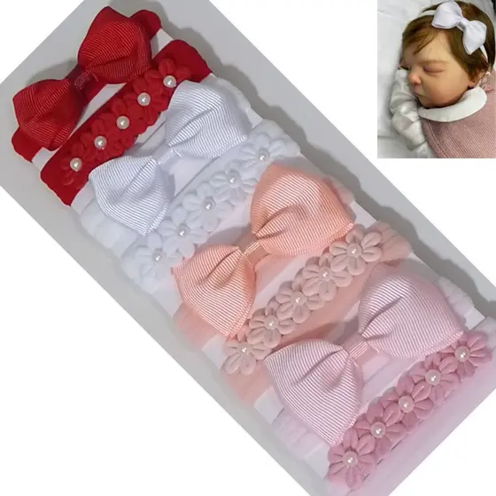 Kit 8 Laços Gravatas Simples + Faixinhas de Flores na meia de seda