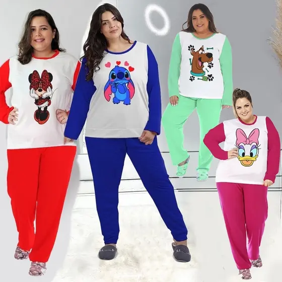 Pijama Luxo Inverno Personagens Feminino Blusa e Calça PLUS SIZE