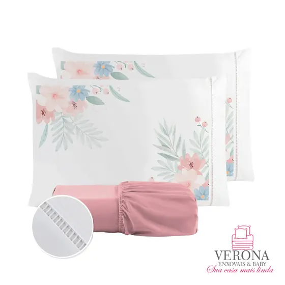 Jogo de Lençol Fronha Flor Rosa Estampada Micropercal 400 Fios Ponto Palito - Novidade