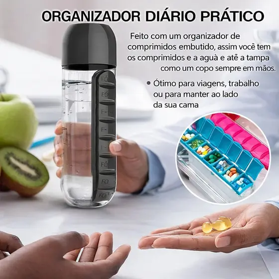 Garrafa Academia Fitness de Água com Porta Comprimidos 600ML Lembrete de Comprimidos Porta Comprimido 600ML