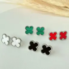 Par de Brincos Trevo Aço inoxidavel Prata Vermelho Preto Branco Verde