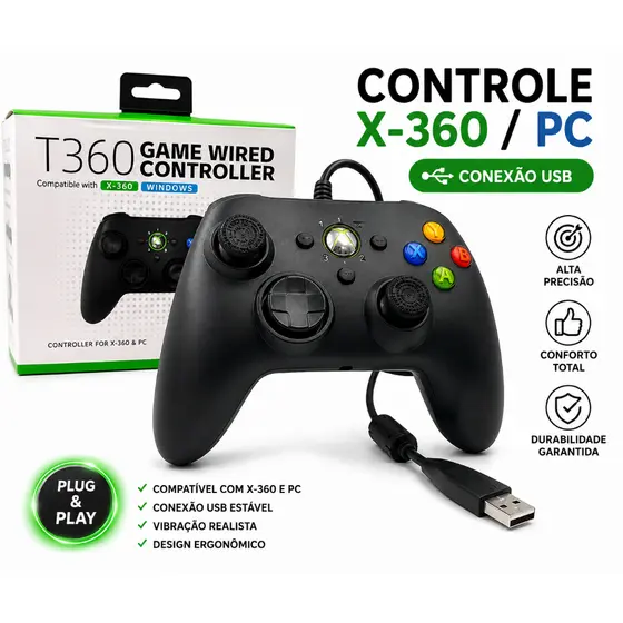 Controle De Xbox 360 Com Fio Para Video Game e PC/ Fat E Pc Joystick Jogo Lançamento 2026 botao turbo