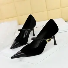 BIGTREE senhoras salto alto 9116-A1 versão coreana banquete salto Stiletto Xishi camurça boca rasa costura dedo do pé ap