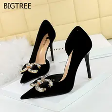 BIGTREE  salto alto lado oco 10cm tamanho grande Sexy Bowknot camurça strass apontou Toe Stiletto irmã real pret