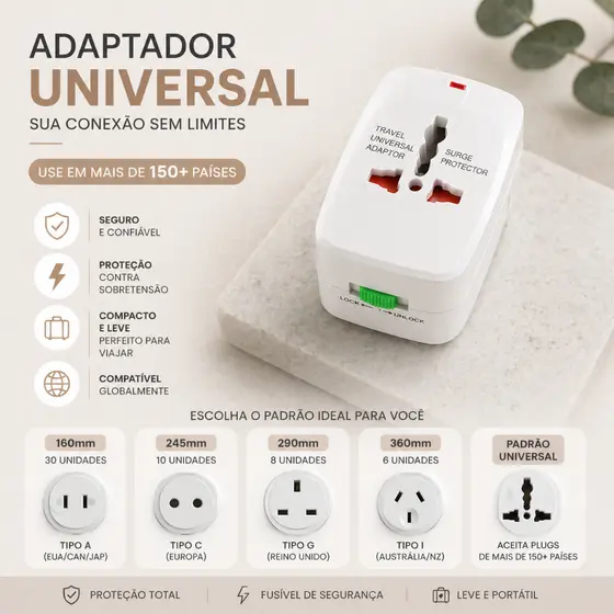 Adaptador Universal Internacional Tomada Viagem 150 Países Compatível EUA Europa Asia