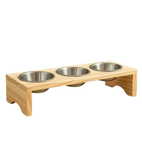 Comedouro Triplo Madeira Pinus para Gato e Cães Pequeno Porte - 3 Potes Agua e Ração
