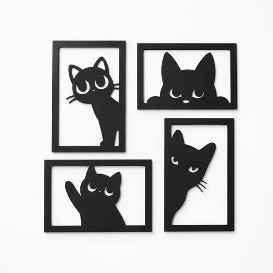 4 Quadros Decorativos Kit Gatinhos Mdf Preto Fosco 23x15cm Cada Quadrinho