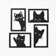 4 Quadros Decorativos Kit Gatinhos Mdf Preto Fosco 23x15cm Cada Quadrinho