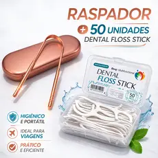 Raspador Limpador de Língua Inox + Fio Dental Haste 50un | Remove Mau Hálito Saburra Kit Higiene Bucal Ayurveda