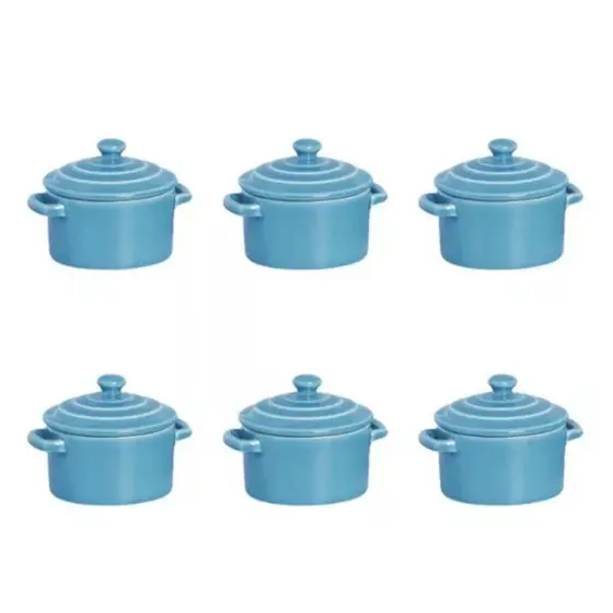 Kit 6 Mini Caçarolas Cerâmica Panelinha C/ Tampa Azul 250ml