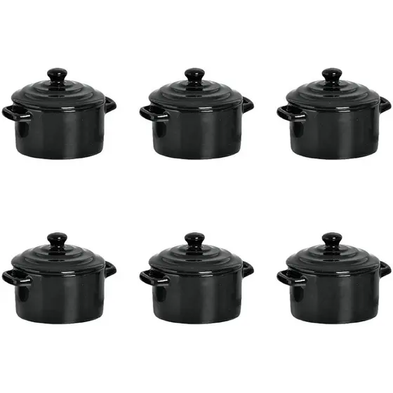 Kit 6 Mini Caçarola Cerâmica Preta Esmaltada 250ml Moderna Panelinha Para Festa Buffet Servir