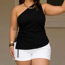 Blusa Plus Size Feminina Drapeada Um Ombro Só Assimétrica Ribana Canelada GG AO G2 Tamanho Grande