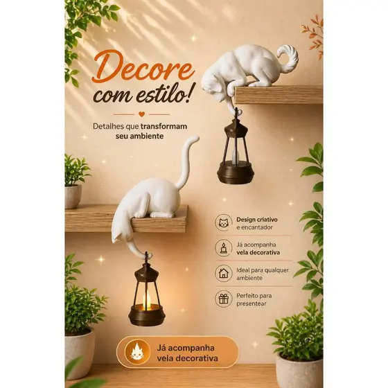 Luminária Gato ou Cachorro Curioso com Vela LED – Decoração Criativa para Quarto Sala Casa